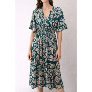 BOHME Emerald Green Floral Midi Dress Smocked Waist Boho Dress NWT | Small
